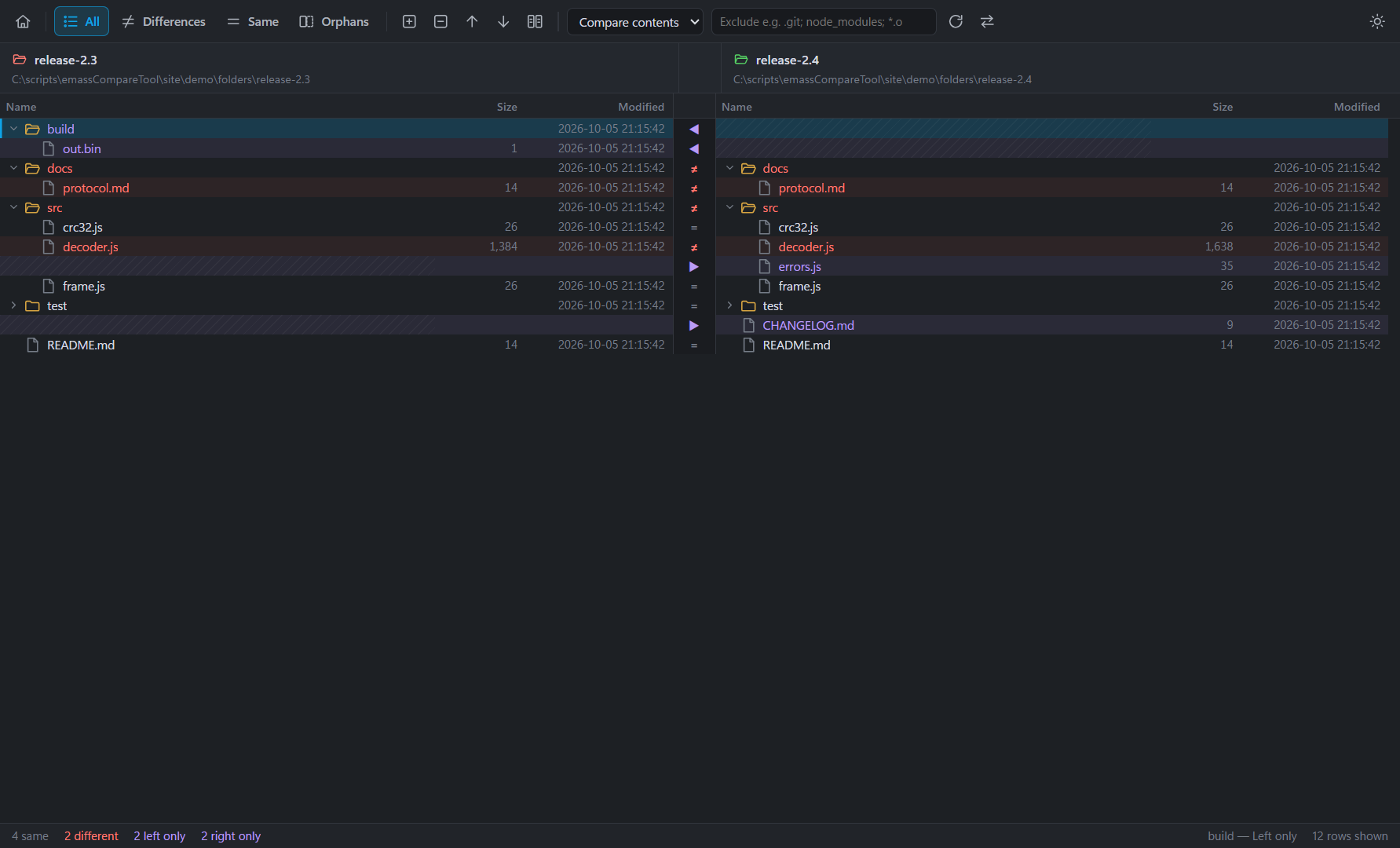 Folder compare of release-2.3 and release-2.4: changed, left-only and right-only files marked