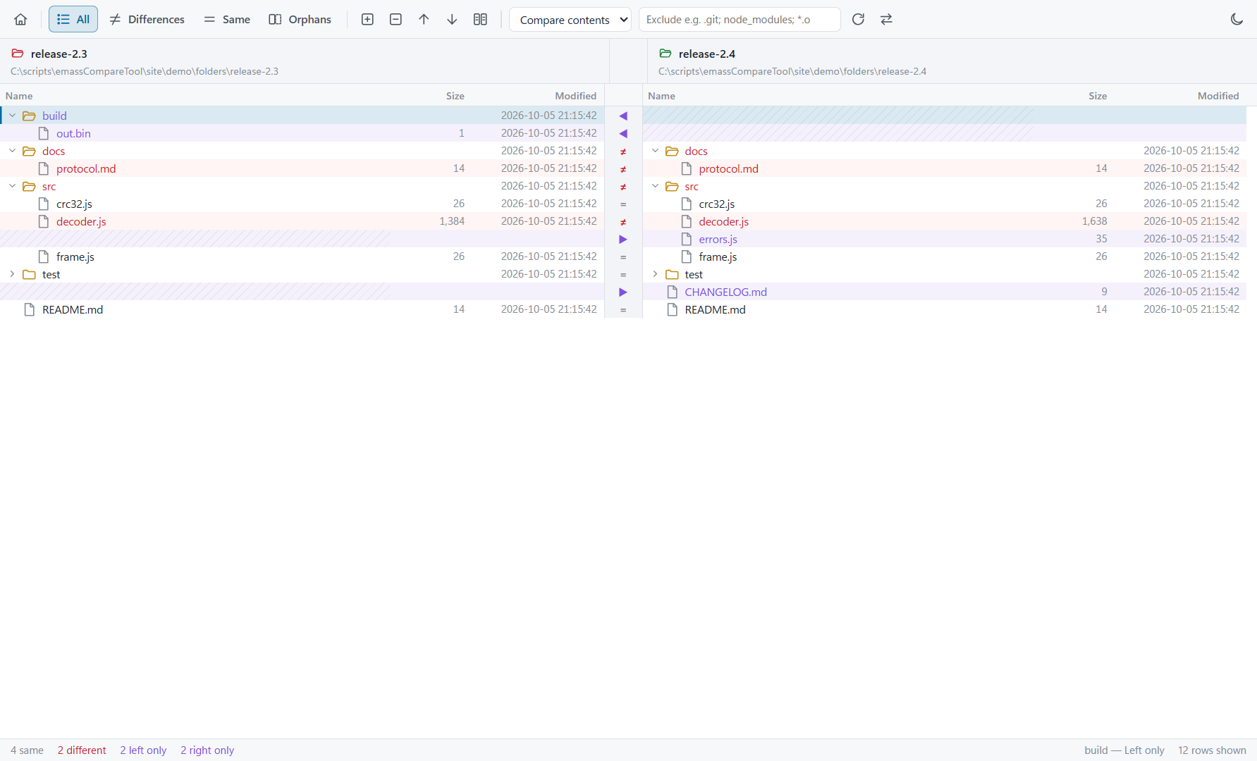 Folder compare of two release folders in the light theme