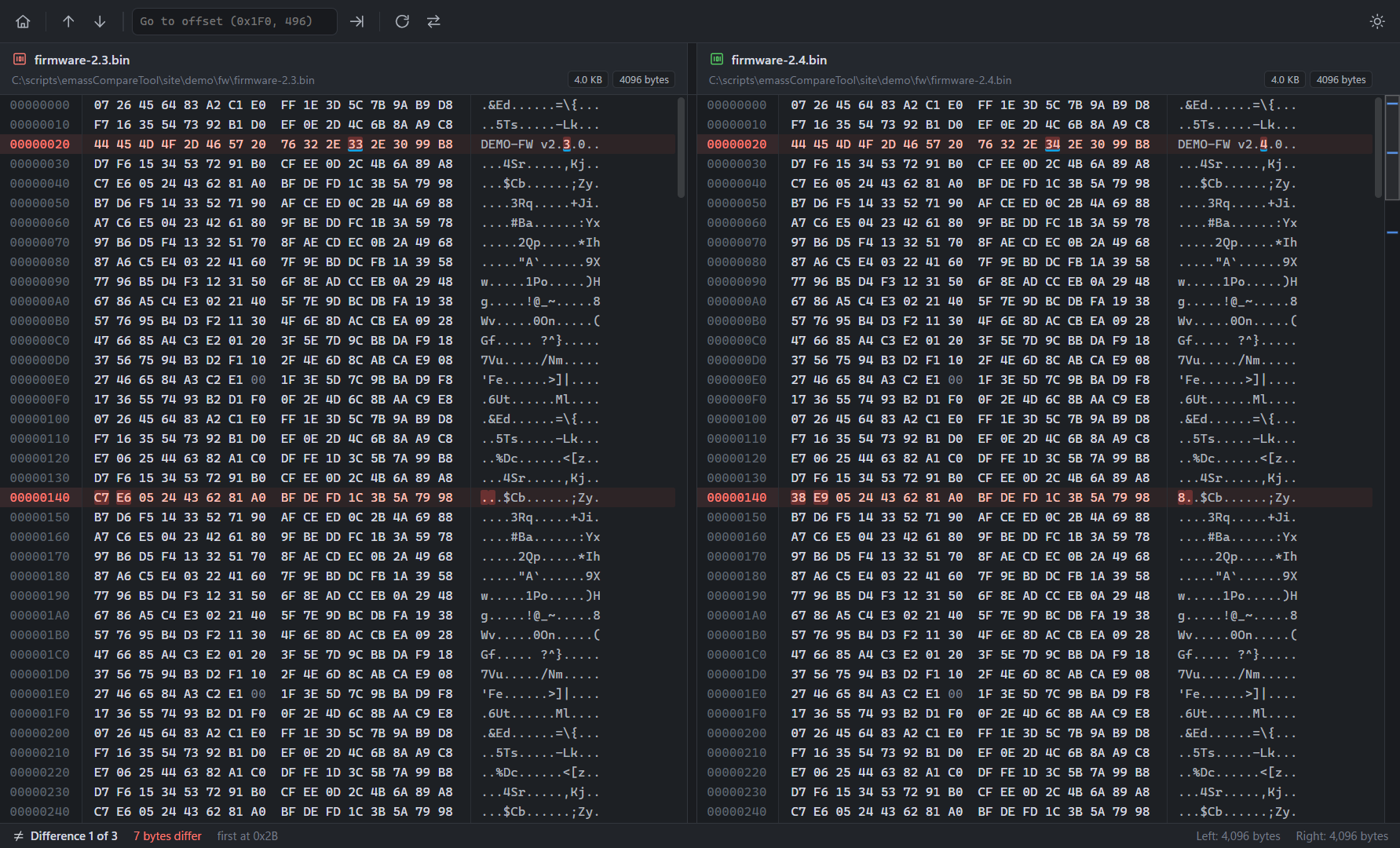 Hex compare of two firmware images with differing bytes highlighted in both hex and ASCII columns