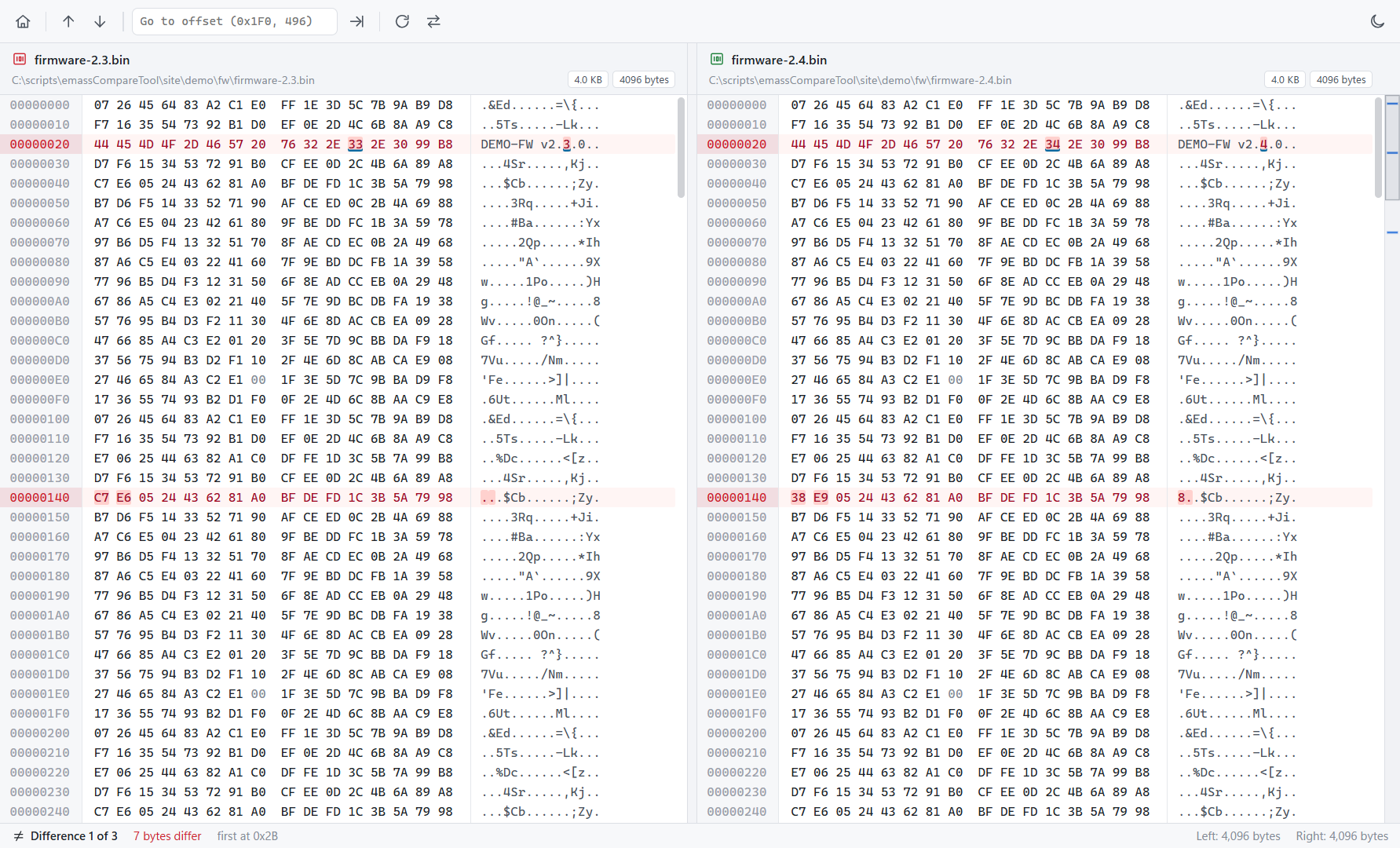 Hex compare of two firmware images in the light theme