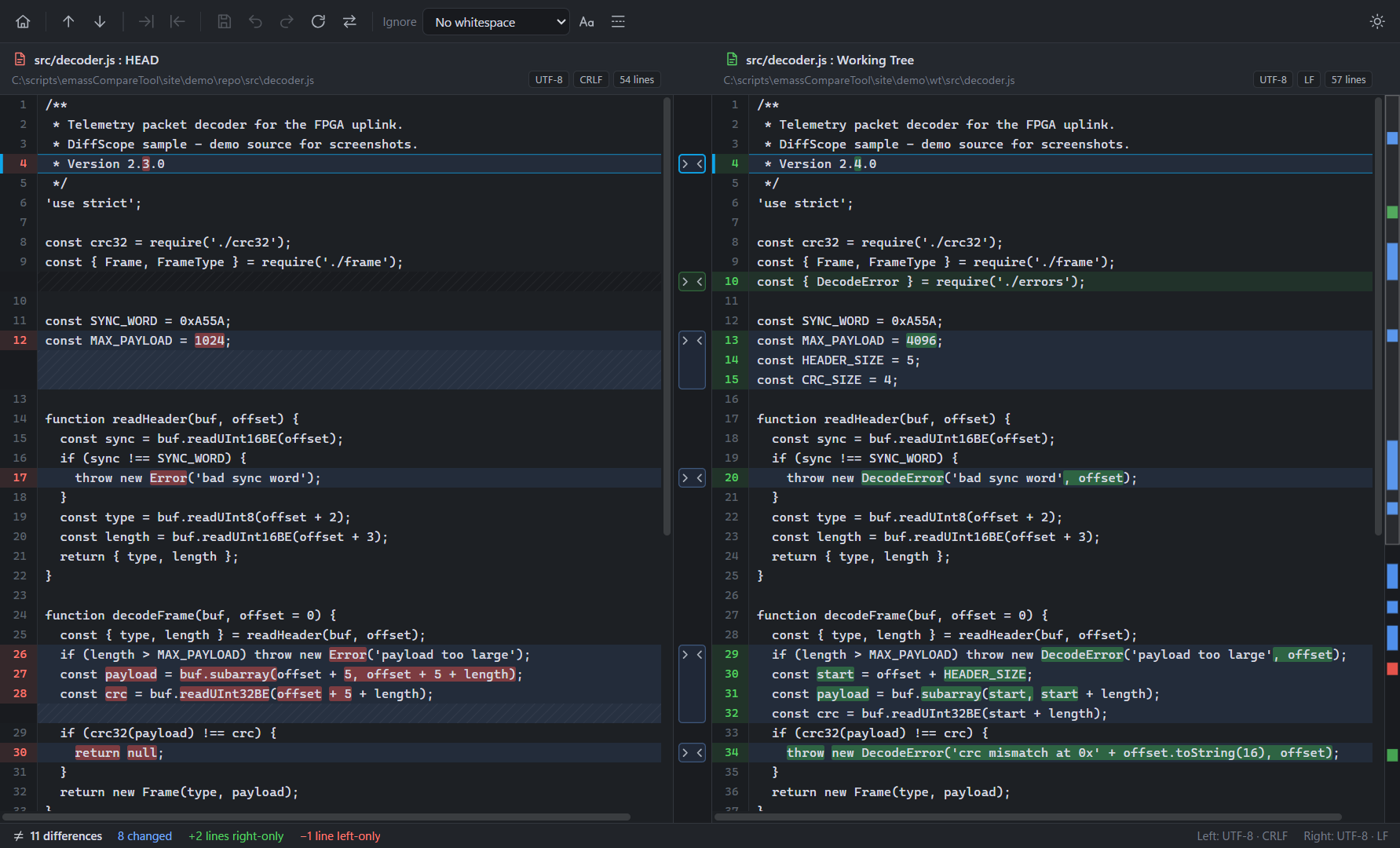 DiffScope text diff: two versions of decoder.js side by side, changed words highlighted in red and green, with a differences overview on the right