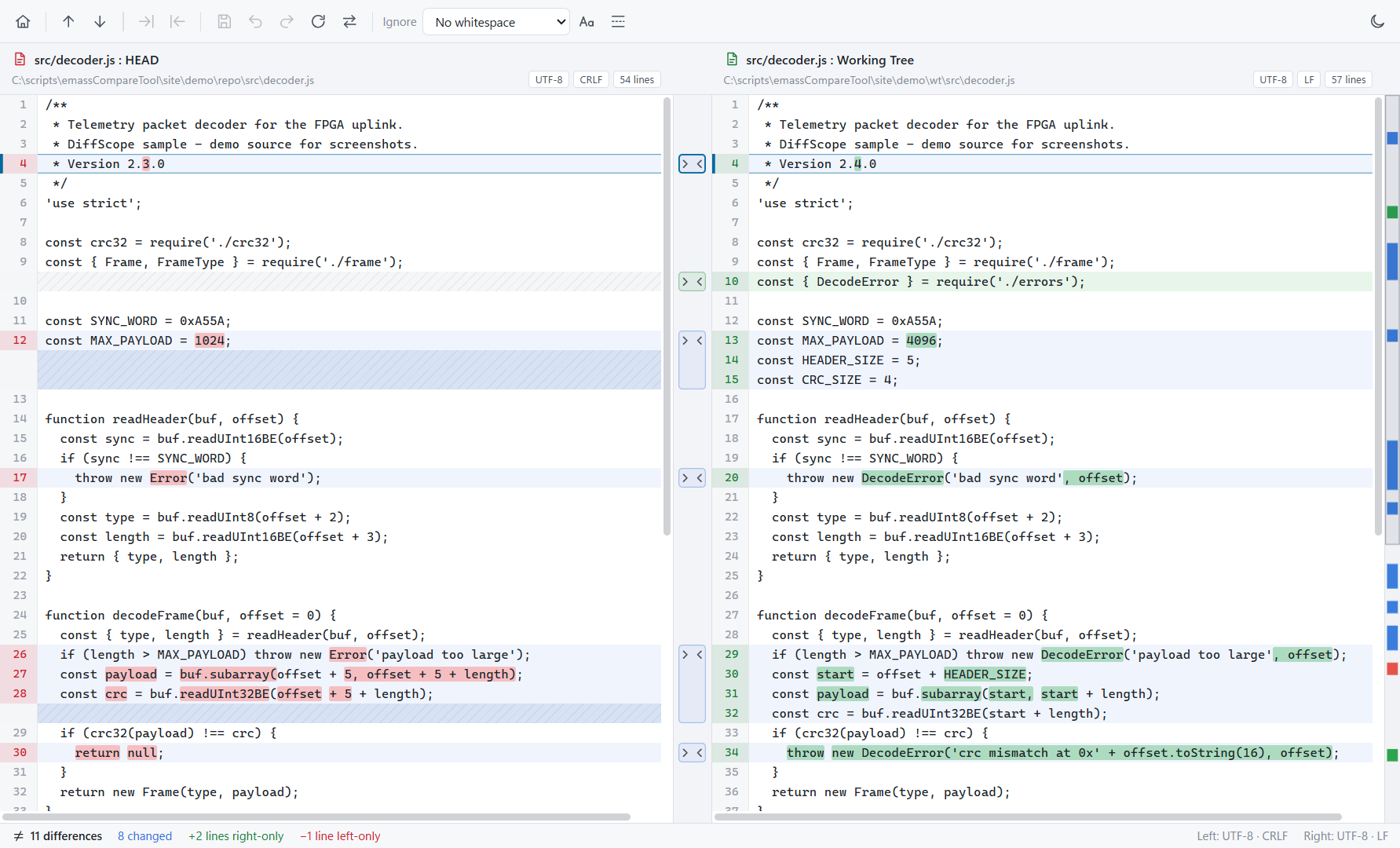 DiffScope text diff in the light theme: two versions of decoder.js side by side, changed words highlighted